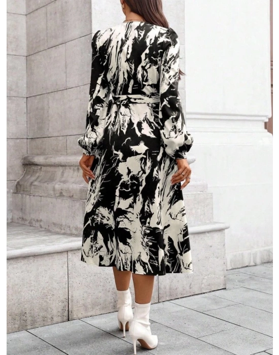 Kadın Uzun Kollu Kruvaze Yakalı Yandan Bağlamalı Desenli Mini Modal Elbise