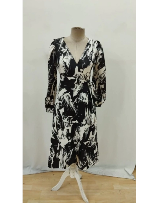 Kadın Uzun Kollu Kruvaze Yakalı Yandan Bağlamalı Desenli Mini Modal Elbise