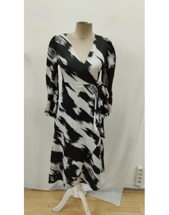 Kadın Uzun Kollu Kruvaze Yakalı Yandan Bağlamalı Desenli Mini Modal Elbise