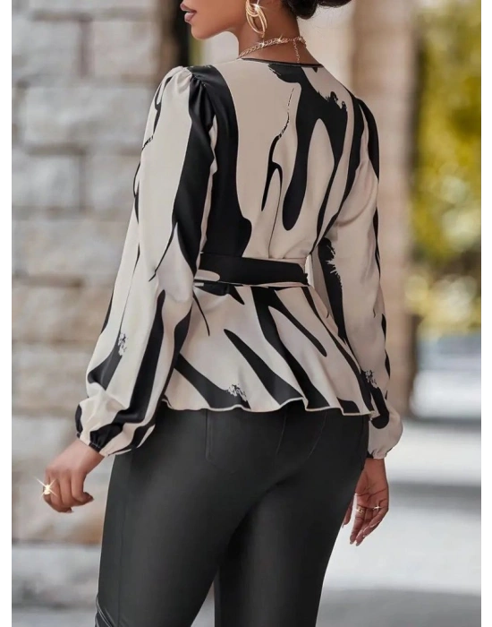 Kadın Uzun Kollu Kruvaze Yakalı Yandan Bağlamalı Kısa Beli Kuşaklı Modal Bluz