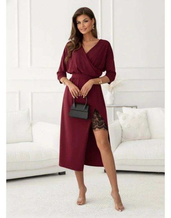 Kadın Uzun Kollu Kruvaze Yakalı Yandan Dantelli Midi Ithal Krep Elbise