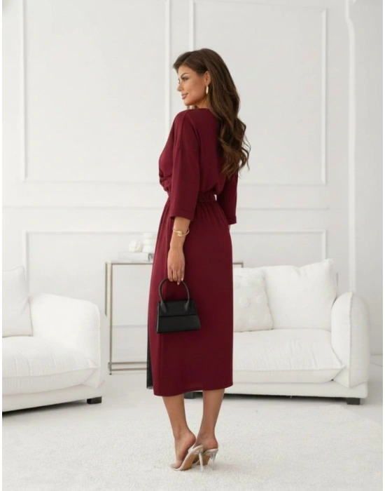 Kadın Uzun Kollu Kruvaze Yakalı Yandan Dantelli Midi Ithal Krep Elbise