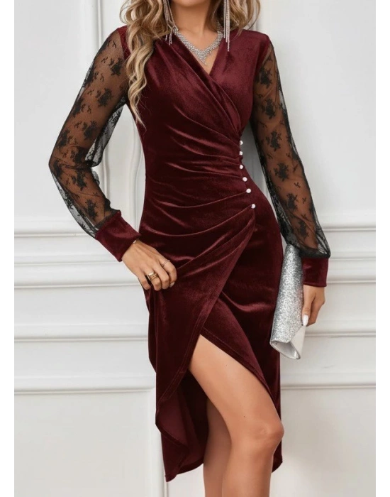 Kadın Uzun Kollu Kruvaze Yakalı Yandan Düğmeli önden çapraz Kesin Detaylı Midi Kadife Elbise