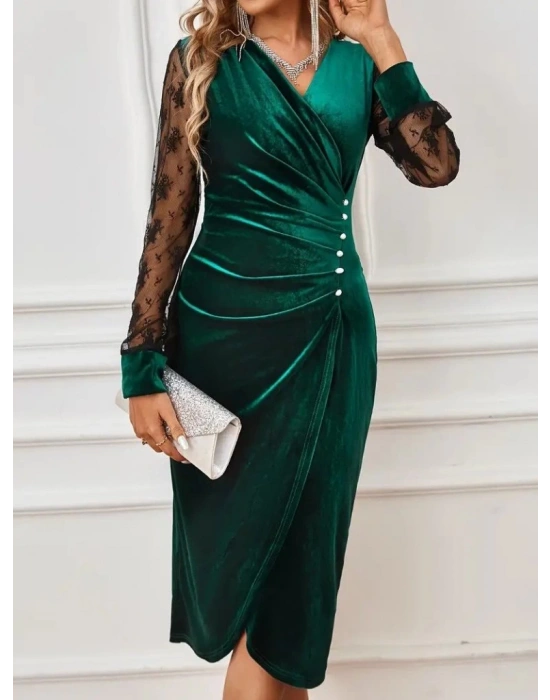 Kadın Uzun Kollu Kruvaze Yakalı Yandan Düğmeli önden çapraz Kesin Detaylı Midi Kadife Elbise