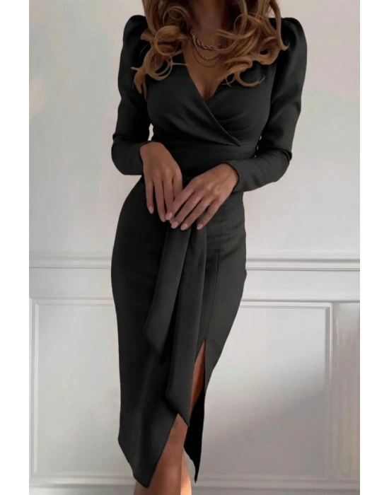 Kadın Uzun Kollu Kruvaze Yakalı Yandan Yırtmaçlı Belden Kuşaklı Midi Ithal Krep Elbise