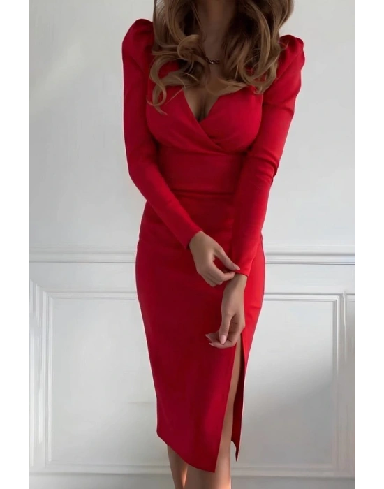 Kadın Uzun Kollu Kruvaze Yakalı Yandan Yırtmaçlı Belden Kuşaklı Midi Ithal Krep Elbise