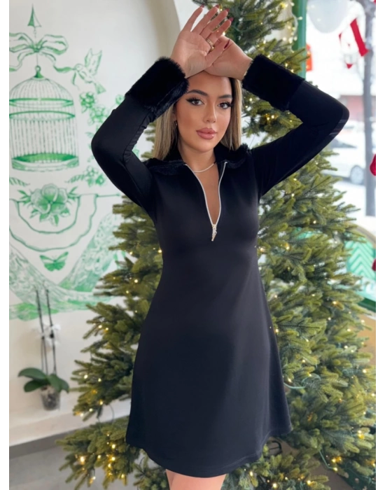 Kadın Uzun Kollu Kürk Yakalı Fermuarlı Kısa Viskon Iki Iplik Elbise