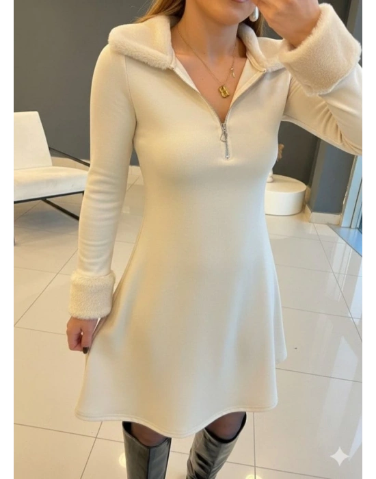 Kadın Uzun Kollu Kürk Yakalı Fermuarlı Mini Viskon Iki Iplik Elbise