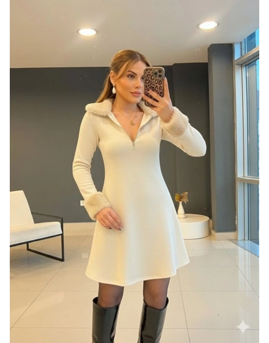 Kadın Uzun Kollu Kürk Yakalı Fermuarlı Mini Viskon Iki Iplik Elbise