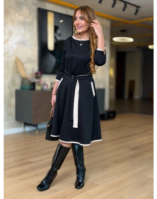 Kadın Uzun Kollu Kuşak Dahil Midi Boy Lbise