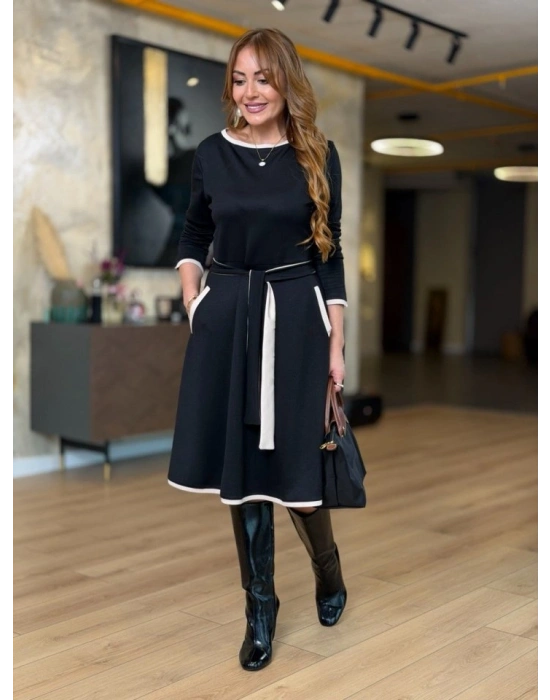 Kadın Uzun Kollu Kuşak Dahil Midi Boy Lbise