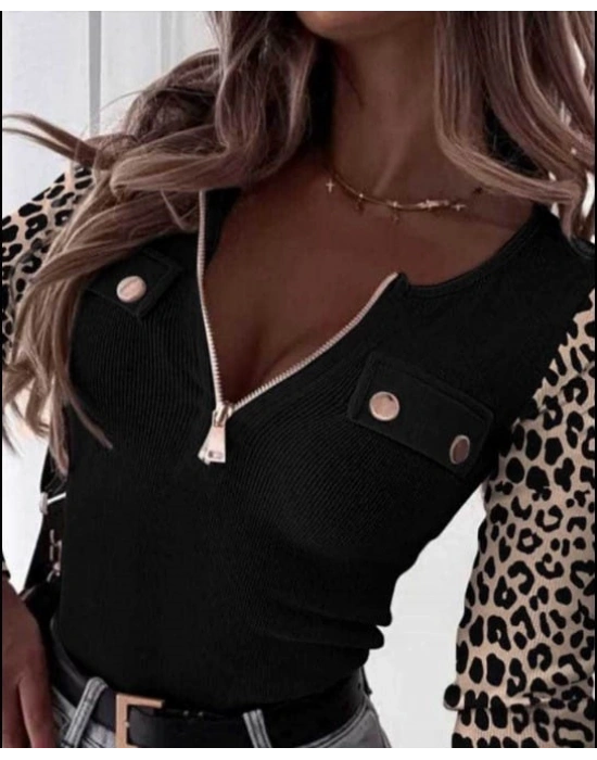 Kadın Uzun Kollu Leopar Desenli Fermuarlı önden Cep Ve Düğme Detaylı Kaşkorse Bluz