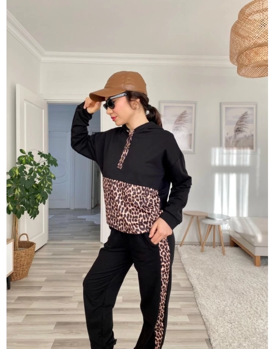 Kadın Uzun Kollu Leopar Detay Sweat Ve Yanı Leopar şerit Detay Pantolon Ikili Takım