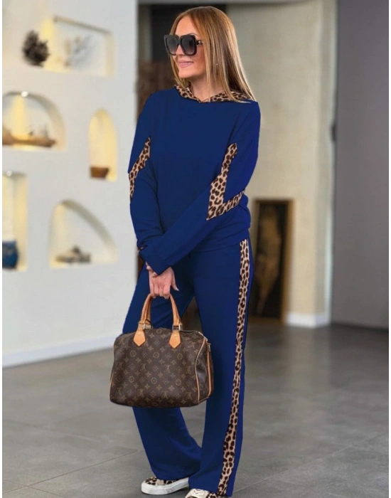 Kadın Uzun Kollu Leopar Detaylı Viskon Iki Iplik Eşofman Takımı