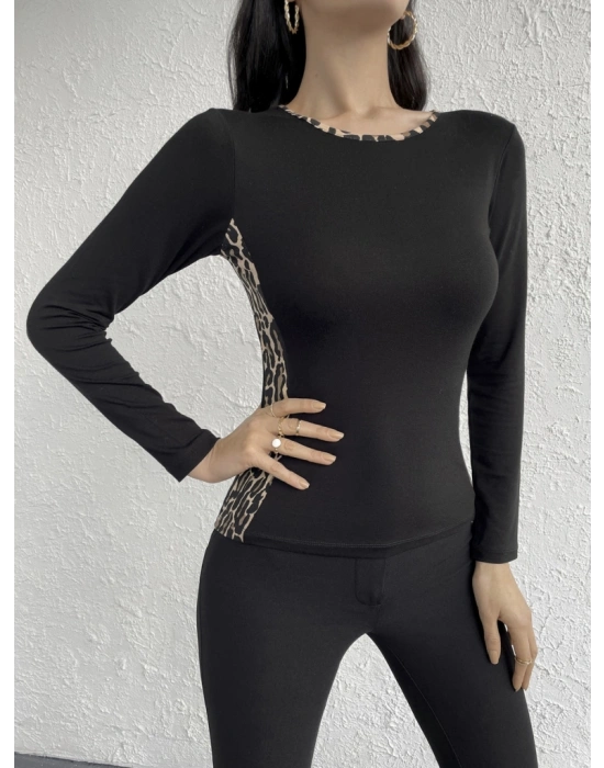 Kadın Uzun Kollu Leopar şeritli Viskon Bluz