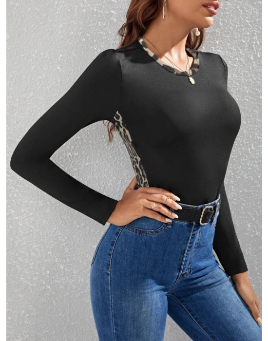 Kadın Uzun Kollu Leopar şeritli Viskon Bluz