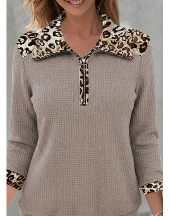 Kadın Uzun Kollu Leopar Yakalı Fermuarlı Waffle Bluz