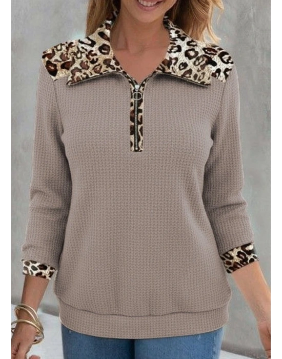 Kadın Uzun Kollu Leopar Yakalı Fermuarlı Waffle Bluz