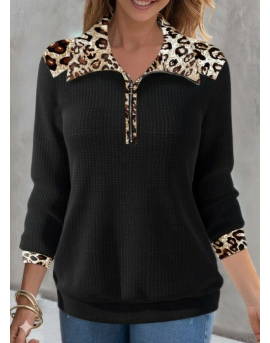 Kadın Uzun Kollu Leopar Yakalı Fermuarlı Waffle Bluz