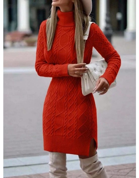 Kadın Uzun Kollu Loren Yünlü Motifli Midi Boy Triko Elbise