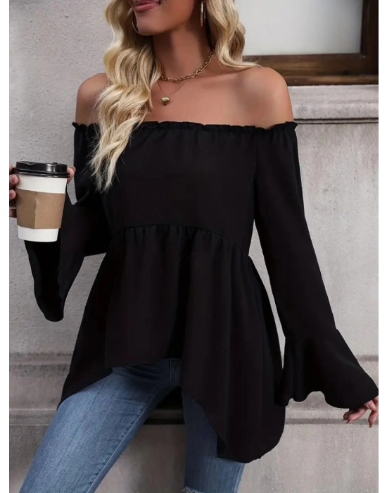 Kadın Uzun Kollu Madonna Yaka Asimetrik Detaylı Kolları Ispanyol Viskon Bluz