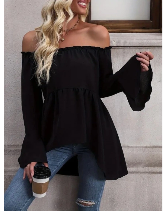 Kadın Uzun Kollu Madonna Yaka Asimetrik Detaylı Kolları Ispanyol Viskon Bluz