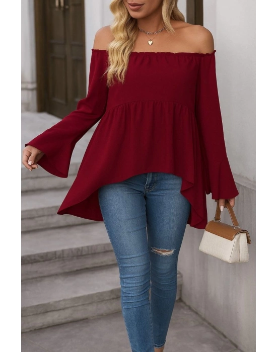 Kadın Uzun Kollu Madonna Yaka Asimetrik Detaylı Kolları Ispanyol Viskon Bluz