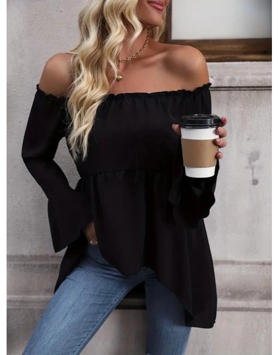 Kadın Uzun Kollu Madonna Yaka Asimetrik Detaylı Kolları Ispanyol Viskon Bluz