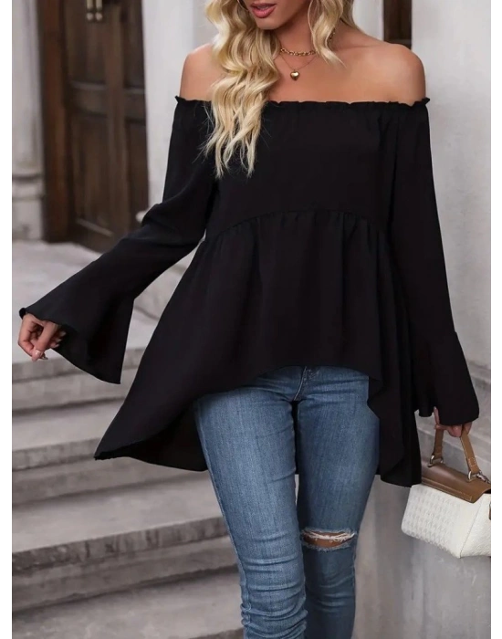 Kadın Uzun Kollu Madonna Yaka Asimetrik Detaylı Kolları Ispanyol Viskon Bluz