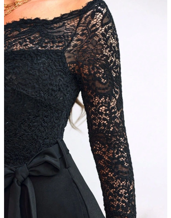 Kadın Uzun Kollu Madonna Yaka Dantelli Yandan Bağlamalı Ithal Krep Tulum