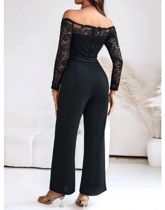 Kadın Uzun Kollu Madonna Yaka Dantelli Yandan Bağlamalı Ithal Krep Tulum