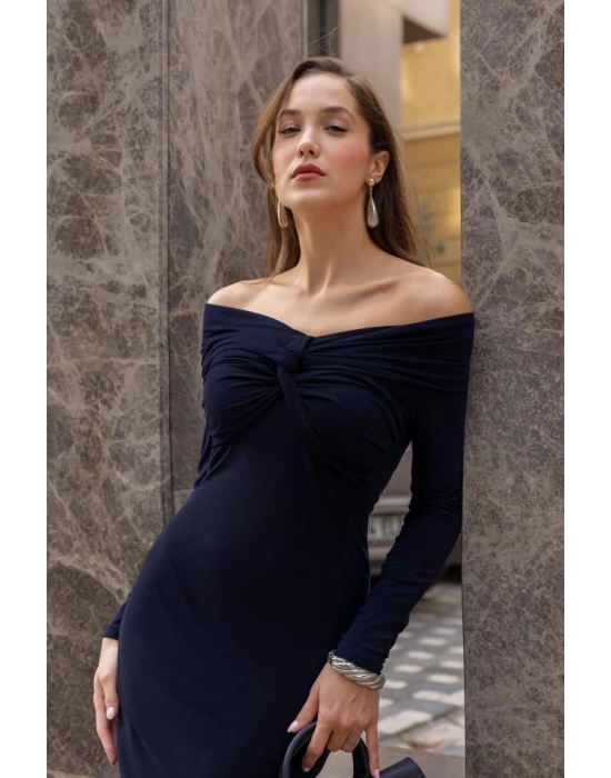 Kadın Uzun Kollu Madonna Yaka Düğüm Büzgü Detay Maxi Boy Elblbise