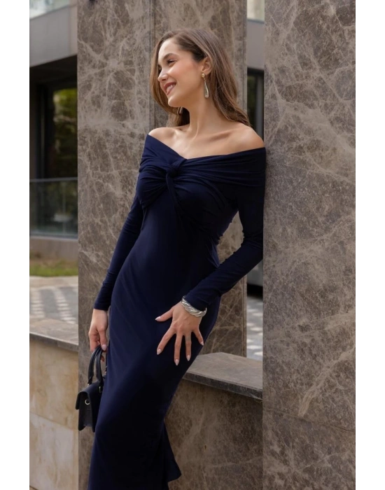 Kadın Uzun Kollu Madonna Yaka Düğüm Büzgü Detay Maxi Boy Elblbise