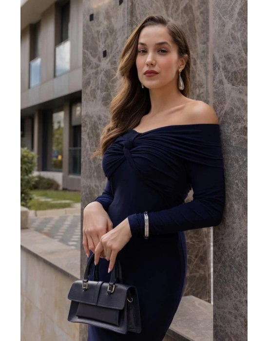 Kadın Uzun Kollu Madonna Yaka Düğüm Büzgü Detay Maxi Boy Elblbise