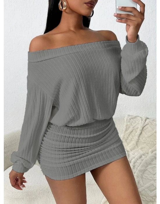 Kadın Uzun Kollu Madonna Yaka Yanlardan Büzgülü şardonlu Kaşkorse Mini Elbise