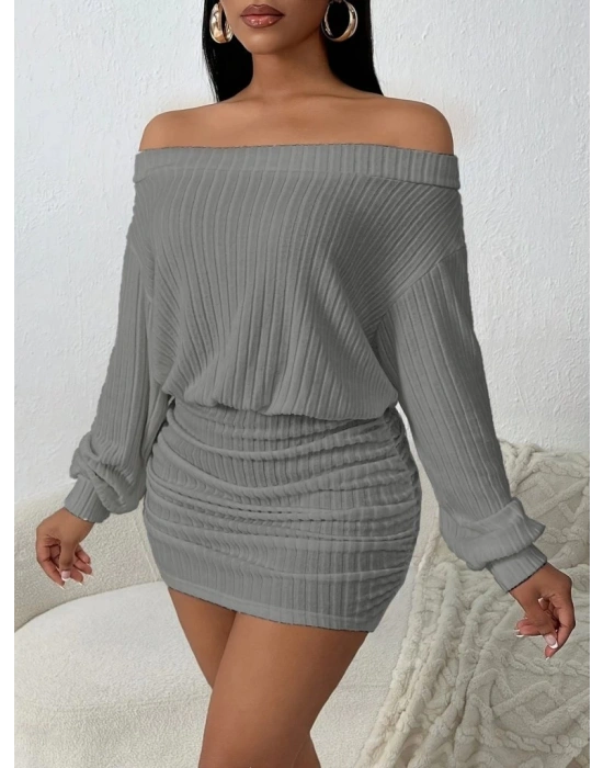 Kadın Uzun Kollu Madonna Yaka Yanlardan Büzgülü şardonlu Kaşkorse Mini Elbise