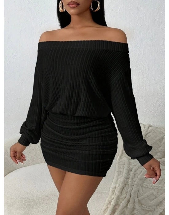 Kadın Uzun Kollu Madonna Yaka Yanlardan Büzgülü şardonlu Kaşkorse Mini Elbise