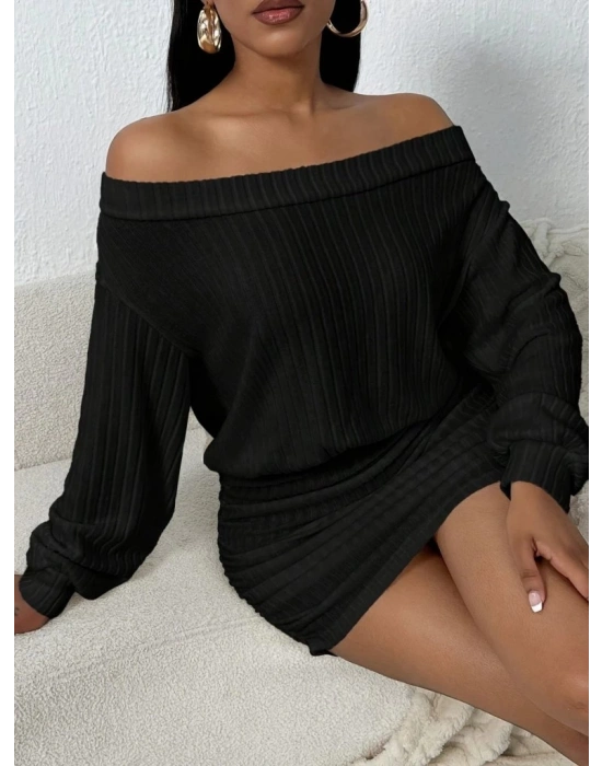 Kadın Uzun Kollu Madonna Yaka Yanlardan Büzgülü şardonlu Kaşkorse Mini Elbise