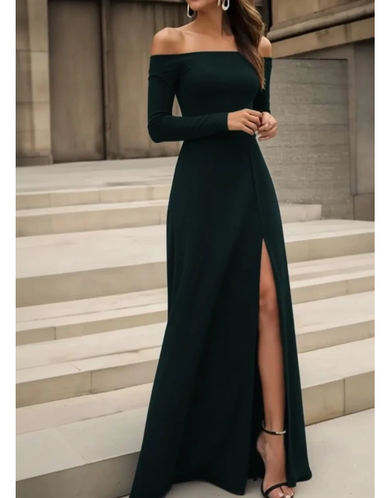 Kadın Uzun Kollu Madonna Yakalı Yırtmaç Detaylı Uzun Ithal Krep Elbise