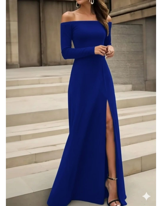 Kadın Uzun Kollu Madonna Yakalı Yırtmaç Detaylı Uzun Ithal Krep Elbise