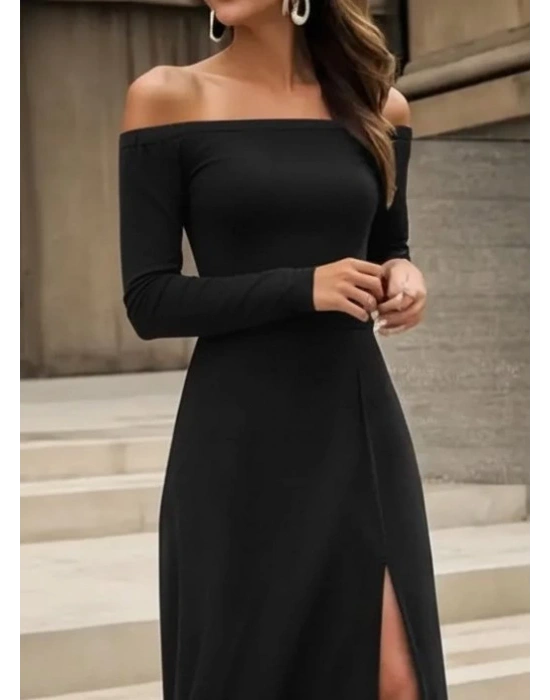 Kadın Uzun Kollu Madonna Yakalı Yırtmaç Detaylı Uzun Ithal Krep Elbise