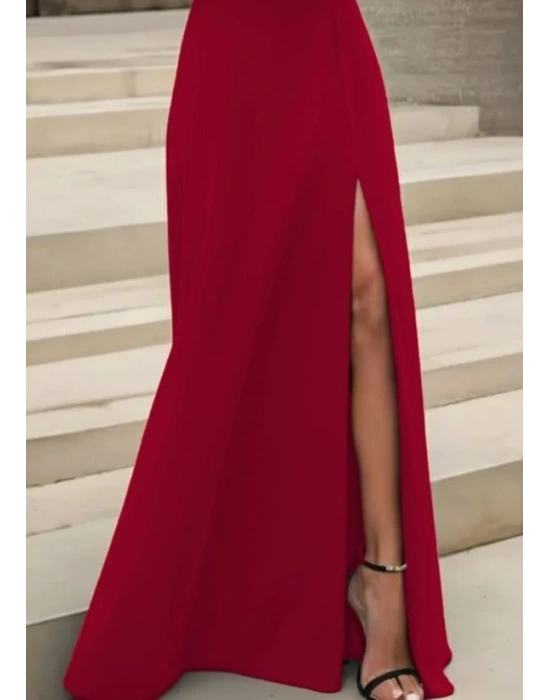 Kadın Uzun Kollu Madonna Yakalı Yırtmaç Detaylı Uzun Ithal Krep Elbise