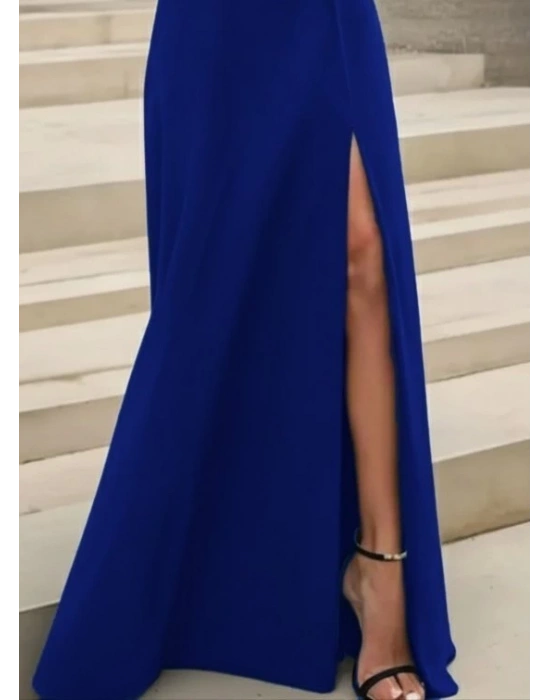 Kadın Uzun Kollu Madonna Yakalı Yırtmaç Detaylı Uzun Ithal Krep Elbise