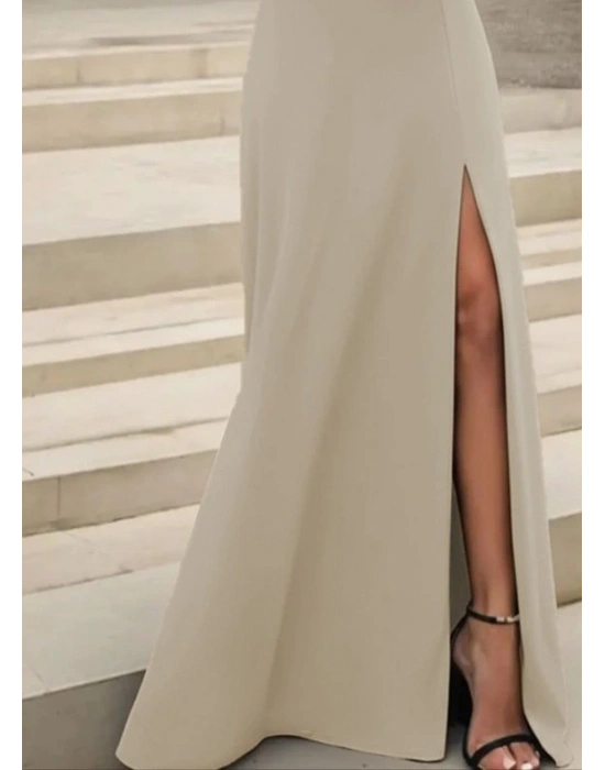 Kadın Uzun Kollu Madonna Yakalı Yırtmaç Detaylı Uzun Ithal Krep Elbise