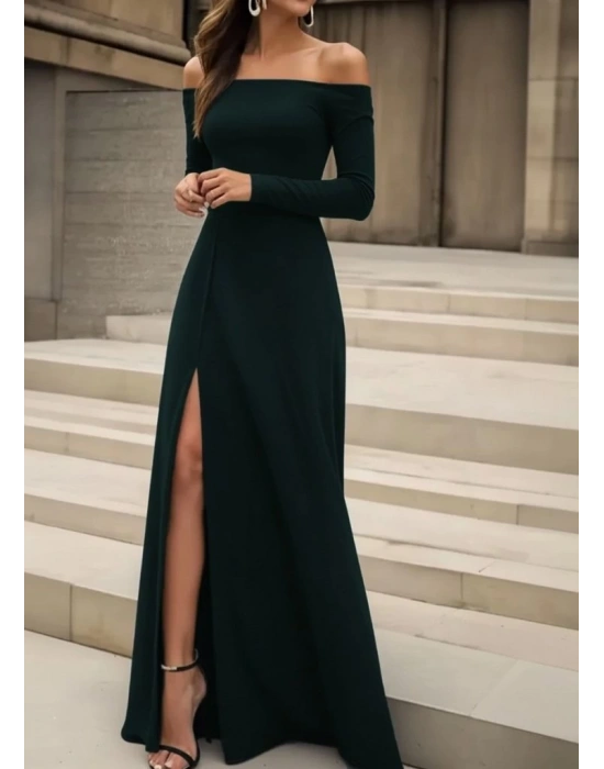 Kadın Uzun Kollu Madonna Yakalı Yırtmaç Detaylı Uzun Ithal Krep Elbise