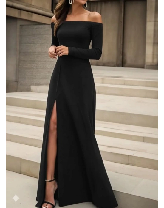 Kadın Uzun Kollu Madonna Yakalı Yırtmaç Detaylı Uzun Ithal Krep Elbise