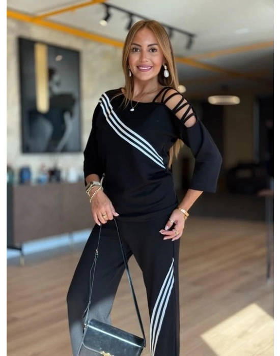 Kadın Uzun Kollu Omuz Dekolteli çapraz Ribana Detay Bluz Ve Pantolon Ikili Takım