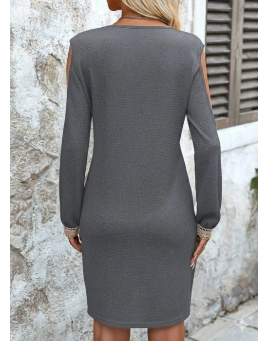 Kadın Uzun Kollu Omuzdan Açık V Dantel Yakalı Mini Waffle Elbise