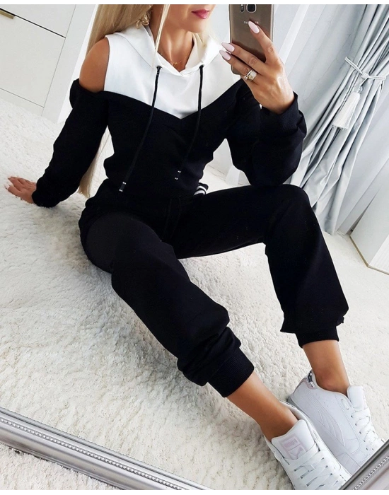 Kadın Uzun Kollu Omuzlardan Açık Kapşonlu Bağcıklı çift Renkli Viskon Iki Iplik Bluz Ve Pantolon Ikili Takım