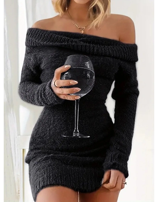 Kadın Uzun Kollu Omuzlardan Açık Kısa şardonlu Triko Elbise